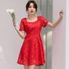 2022夏季方(夏季方)领蕾丝，连衣裙小个子红色，伴娘礼服裙收腰显瘦a字裙