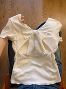 白色露背镂空蝴蝶结绑带正肩短袖，t恤女夏季2024修身短款上衣
