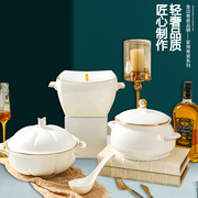 骨瓷带盖大汤碗陶瓷品锅双耳，汤盆家用大号汤锅，面碗金边餐具宫廷煲