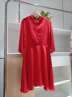 MAX夏款30姆米重磅真丝连衣裙 OL通勤收腰喜庆红色中袖显瘦V领1