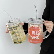 Qumin 快乐喝冰 创意刻度大容量玻璃吸管杯带盖办公室高颜值水杯
