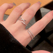 银町冷淡风双层钻戒指女小众，设计锆石开口素圈对戒食尾戒女小指环