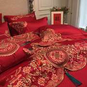 新中式大红婚庆80支全棉提花四件套古典刺绣被套床单结婚床上