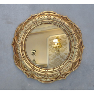 欧式花浴室镜复古金装饰镜壁挂玄关化妆镜卫生间卫浴圆形镜子