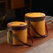 竹编水桶包复古手提包女国风缎面印花文艺斜跨包收纳拎包高档中式