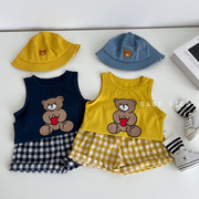 ins夏季男女宝宝可爱小熊，无袖背心+格子短裤套装婴幼儿外出两件套