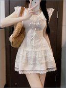 白色蕾丝纯欲甜美连衣裙，女2024春夏法式蝴蝶结，设计收腰短裙子