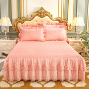 家纺全棉双层公主蕾丝纯棉床裙床单夹棉加厚纯色床罩单件加棉