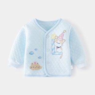 春秋新生儿衣服0-3个月纯棉婴儿，内衣开衫单件夹棉宝宝保暖打底衣