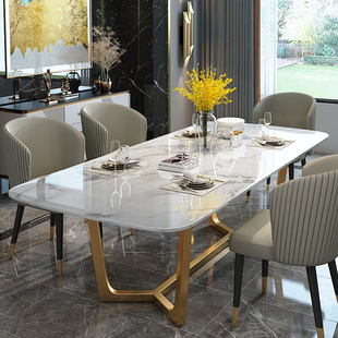 轻奢亮光岩板餐桌，现代简约不锈钢，高端饭桌椅意式大理石餐桌长方形