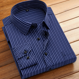 秋季男士深蓝色条纹薄款长袖，商务休闲衬衫，中老年爸爸装加肥加大码