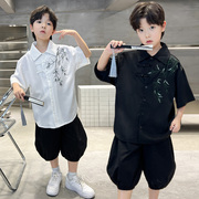 男童夏款竹叶短袖古风套装中大儿童夏季中国民族风刺绣衬衫两件套
