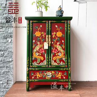 新中式古典家具实木描彩绘床头柜手绘玄关柜复古做旧边柜储物小柜
