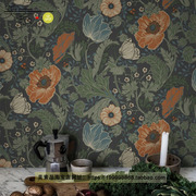 美式壁纸复古花朵植物北欧风田园卧室背景墙法式墙纸奶茶色墙布