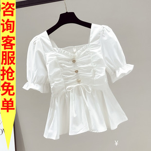短袖雪纺白衬衫女装夏薄款2023年遮肚子收腰小衫方领显瘦上衣