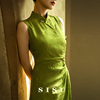 SISU中式绿色礼服复古提花面料订婚礼服盘扣竹子长款无袖显瘦旗袍