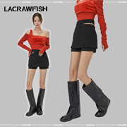 lacrawfish辣妹腰部镂空拉链，假两件绞花针织，开叉包臀裙裤短裤女