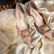 rv水钻方扣粉色法式高跟鞋婚鞋仙女风中空尖头细跟主婚纱伴娘单鞋