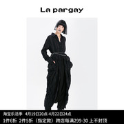 Lapargay纳帕佳2023女装黑色上衣欧美时尚暗条纹斜门襟长外套