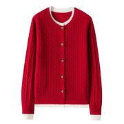 篙级感轻奢品牌澳洲进口100纯羊毛衫女假两件红色开衫外套秋冬新