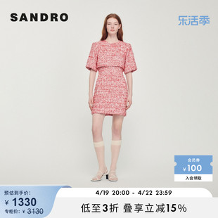 sandrooutlet女装，法式优雅假两件红色，花呢短款连衣裙sfpro02843