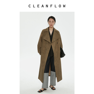 CLEANFLOW  卡其炒色高支长绒棉轻薄大翻领宽松超长风衣春外套女