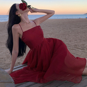 沙滩裙女夏季红色雪纺三亚拍照穿搭长裙子波西米亚海边度假连衣裙