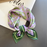 春季紫色花朵真丝围巾小方巾女气质装饰小领巾100%桑蚕丝丝巾