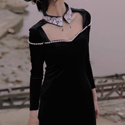 丝绒改良旗袍黑色长袖天鹅绒连衣裙女2020年会晚宴礼服