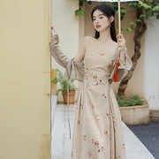 新中式复古国风印花收腰显瘦气质吊带，连衣裙开衫两件套装气质