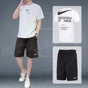 Nike耐克休闲套装男春季款白色运动T恤透气黑色五分裤两件套男装
