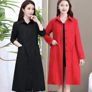 红色风衣外套女2024韩版中长款宽松小个子大衣，妈妈装薄款女士
