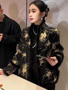 冬季新中式棉服外套女士，短款刺绣中国风唐装棉袄，棉衣黑色毛绒上衣