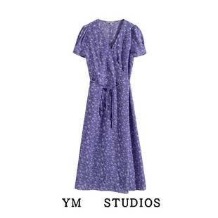 田园风复古薰衣草，印花紫色连衣裙ins一片式，围裹法式长裙