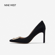 Nine West/玖熙方钻高跟鞋女春夏粗跟方头羊反绒优雅气质单鞋