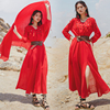 复古大红色民族风大摆连衣裙三亚沙滩裙西藏沙漠度假旅游草原长裙