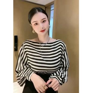 春秋新款时尚条纹宽松衬衫女2025年新款设计感百搭灯笼袖雪纺上衣
