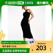 香港直邮潮奢 ASOS 女士设计单肩扭纹条状细节中长连衣裙(黑色)