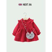 英国nextjia婴儿春秋款，女童长袖裙衫小童装宝宝，打底裙红色拜年服
