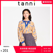 tanni女士手绘小碎花时尚，洋气系带长袖，v领衬衫ti31bl032b
