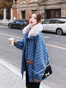 牛仔加绒棉服外套女秋冬季韩系高级感炸街小个子加厚大毛领派克服