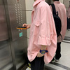 粉色七分袖衬衫男夏季美式复古短袖衬衣oversize潮牌工装情侣外套