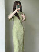 清新绿色雪纺剪花旗袍2023年夏季复古倒大袖年轻款少女连衣裙