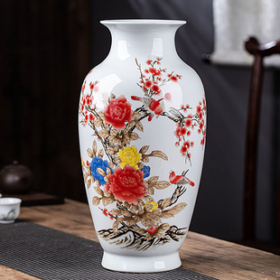 景德镇陶瓷仿古手绘粉彩，牡丹花鸟花瓶中式家居，玄关装饰品摆件客厅