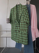 绿色格子通勤风西装外套翻领短袖两粒扣开衫上衣时尚休闲洋气