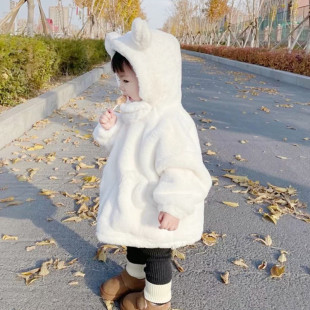 女宝宝冬装加绒皮草，外套儿童白色小熊连帽毛毛，棉衣加厚保暖中长款