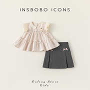 insbobo女童衬衫短裙两件套可爱小飞袖女童装，时髦套装女孩衣服