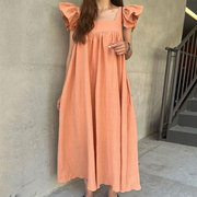 韩国chic夏季法式温柔方领压褶，设计拼接荷叶，边飞飞袖连衣裙长裙女