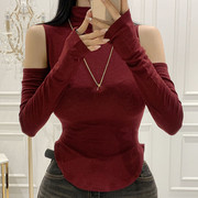 韩国东大门2024春秋装气质酒红色性感显身材高领露肩长袖T恤