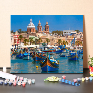 数字油画diy填充手工填色地中海国家马其他港口手绘风景油彩画画
